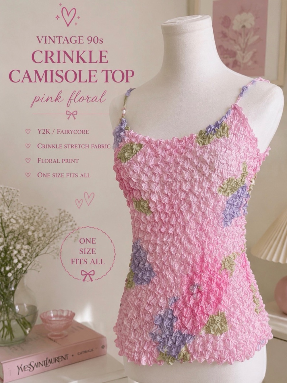 Vintage 90s Crinkle Camisole Top Pink Floral One Size Fits All Y2K Fairycore